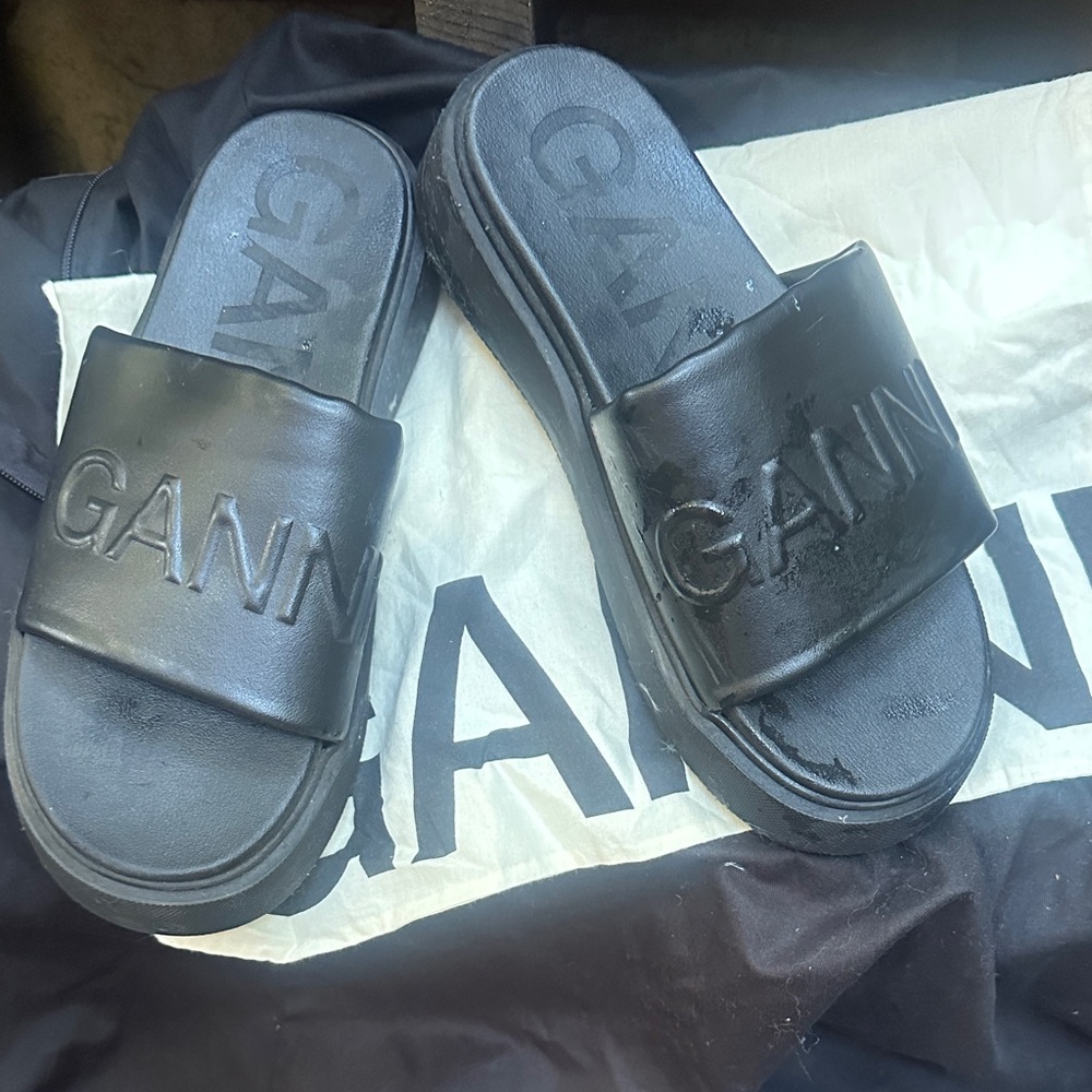 GANNI Black Embossed Logo Platform Sandals